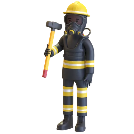 Proteção completa de equipamento de bombeiro segurando marreta  3D Illustration