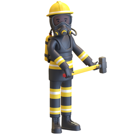 Proteção completa de equipamento de bombeiro segurando marreta  3D Illustration