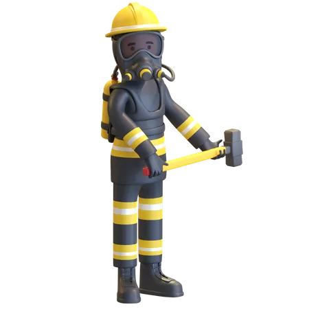 Proteção completa de equipamento de bombeiro segurando marreta  3D Illustration