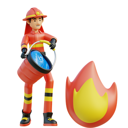 Bombero de sexo masculino que lleva el cubo de agua  3D Illustration