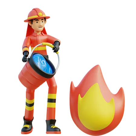 Bombero de sexo masculino que lleva el cubo de agua  3D Illustration