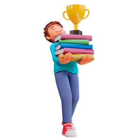 Boy carrying a stack of books and trophies  3D Illustration