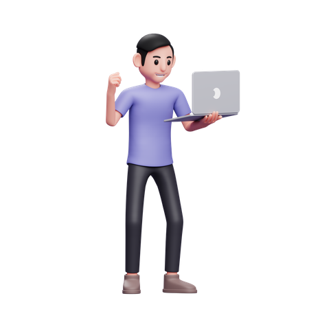 Boy celebrating victory while holding laptop  3D Illustration