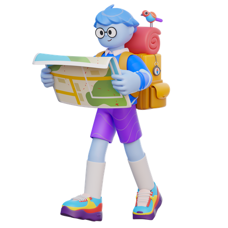 Boy Finding Location On Map  3D Illustration