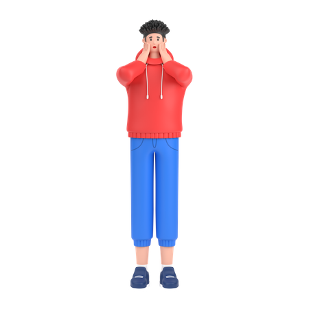 Boy giving scared expression with his hand  3D Illustration