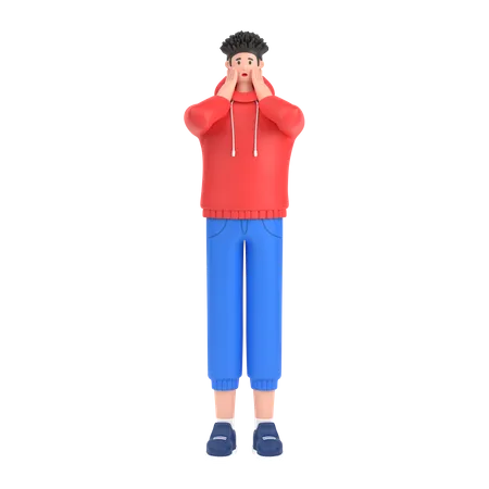 Boy giving scared expression with his hand  3D Illustration