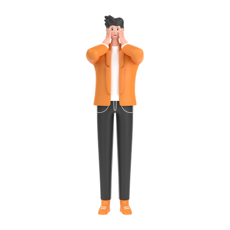 Boy giving scared expression with his hand  3D Illustration