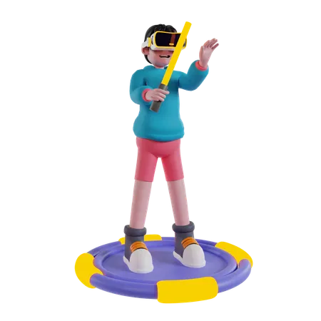 Boy playing virtual sword game  3D Illustration