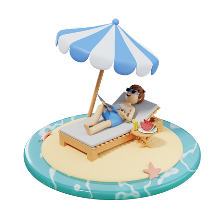 Boy Relaxing At Beach  3D Illustration