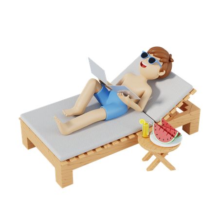 Boy Relaxing At Beach On Chair  3D Illustration