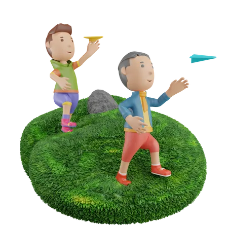 Boys flying paper plane  3D Illustration