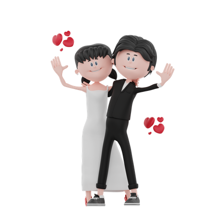 Bride and groom waiving hand  3D Illustration