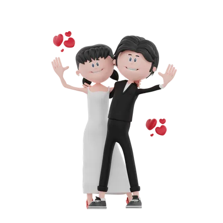 Bride and groom waiving hand  3D Illustration