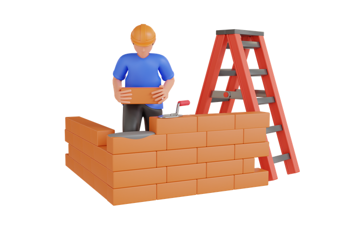 Builder Making Brick Wall  3D Illustration