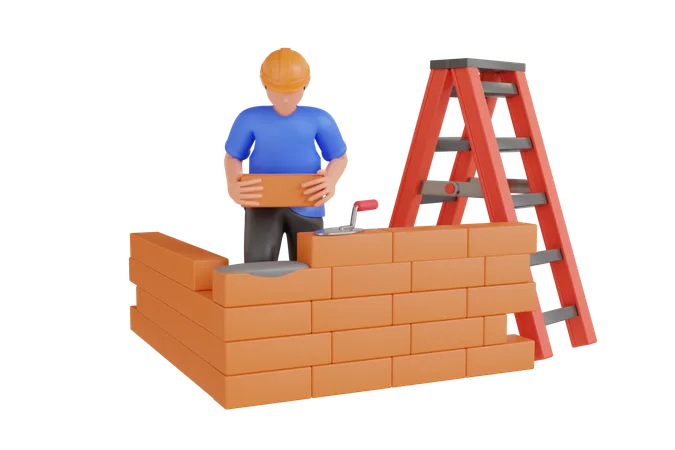 Builder Making Brick Wall  3D Illustration