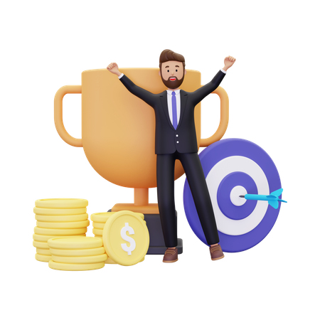 Business goal with trophy  3D Illustration