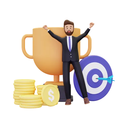 Business goal with trophy  3D Illustration