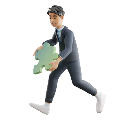 Business Man Holding Puzzle  3D Illustration