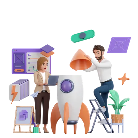 Business people working on startup  3D Illustration