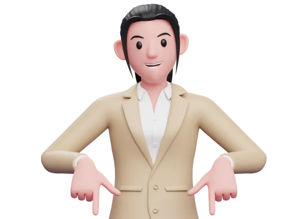 Business woman pointing down  3D Illustration