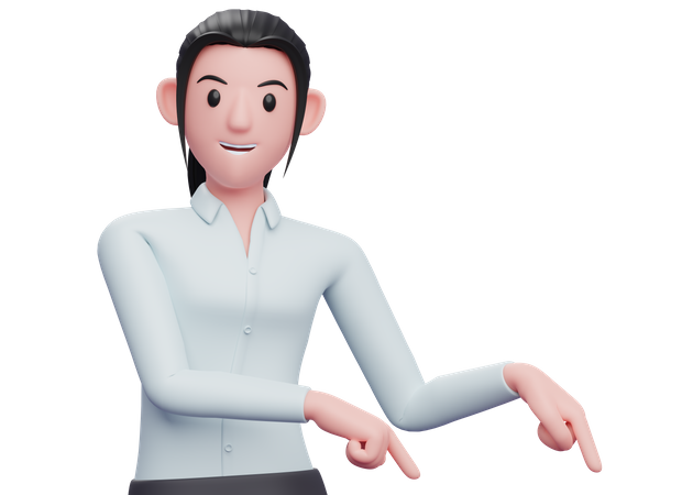 Business woman pointing to bottom right corner  3D Illustration