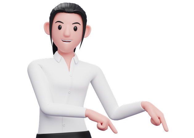 Business woman pointing to bottom right corner  3D Illustration