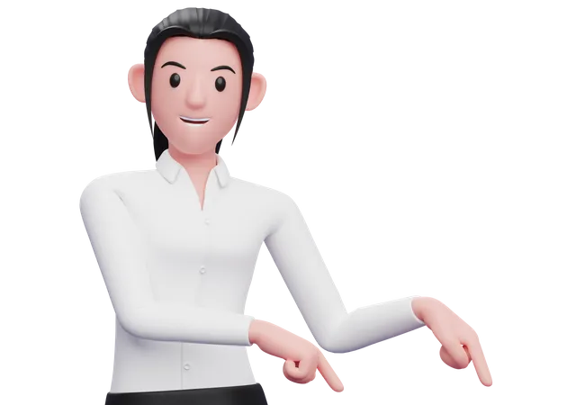 Business woman pointing to bottom right corner  3D Illustration