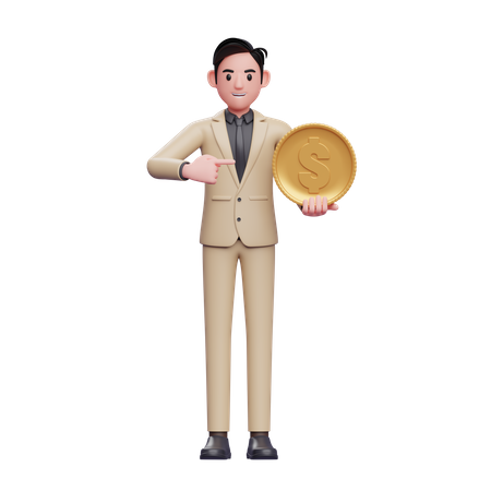 Businessman holding a coin and pointing it  3D Illustration