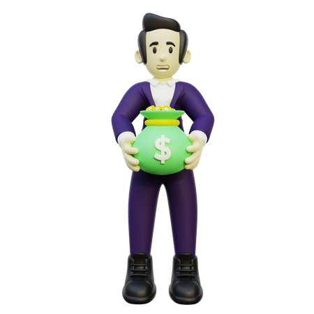 Businessman Holding Bag Of Money  3D Illustration