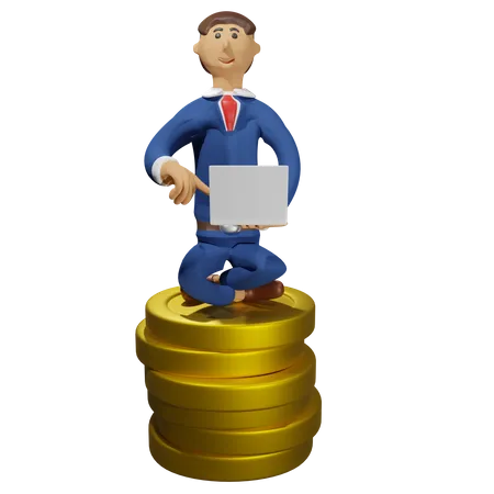 Businessman holding laptop sitting on coins  3D Illustration