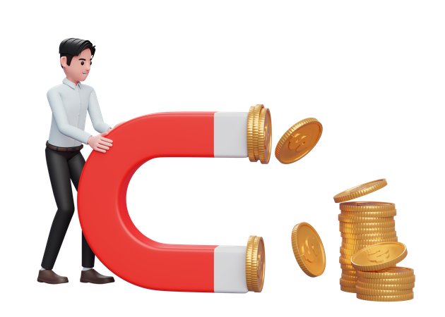 Businessman in blue dress Hold a Big Magnet To Attract Coins  3D Illustration