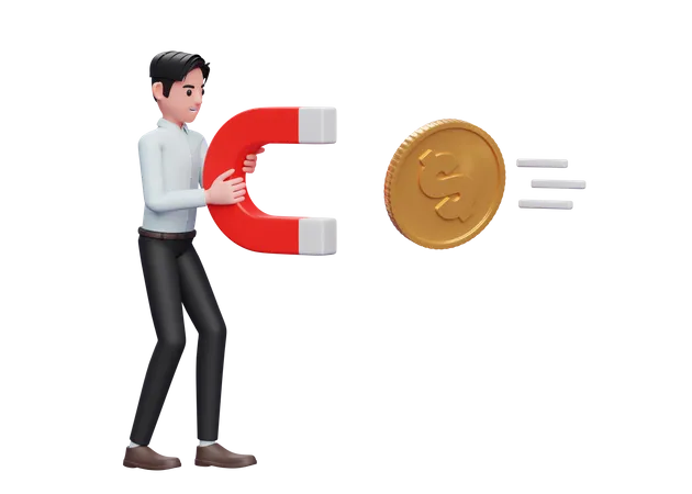 Businessman in blue dress standing holding magnet attracting gold coin  3D Illustration