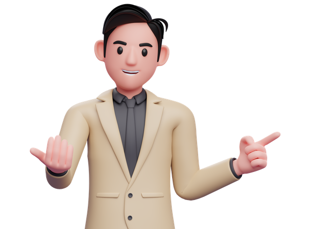 Businessman in brown suit doing come here gesture and pointing to the side  3D Illustration