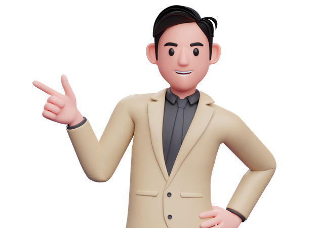 Businessman in brown suit pointing gun finger to the left  3D Illustration