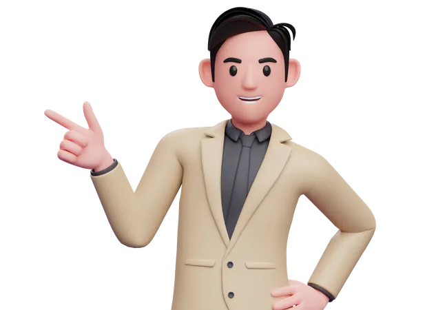 Businessman in brown suit pointing gun finger to the left  3D Illustration