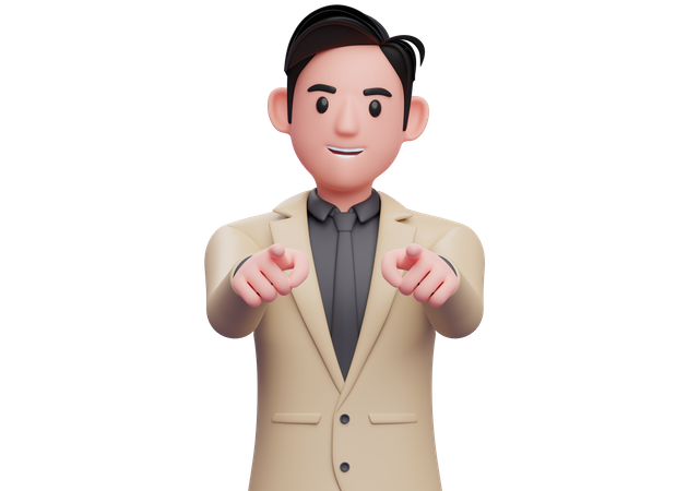 Businessman in brown suit pointing to the camera with both hand  3D Illustration