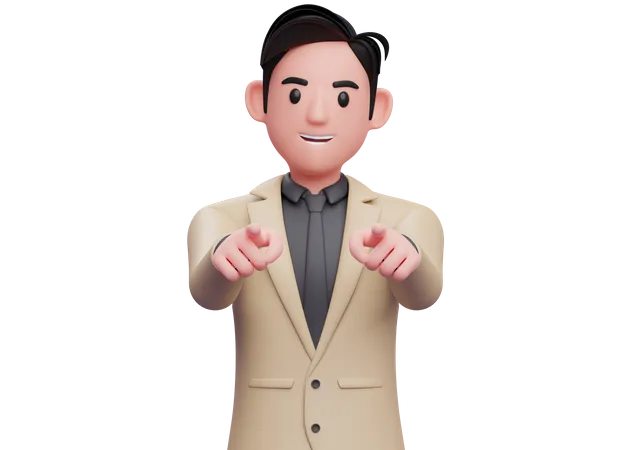 Businessman in brown suit pointing to the camera with both hand  3D Illustration