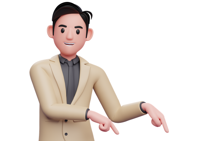 Businessman in brown suit pointing to the lower right corner  3D Illustration