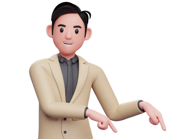 Businessman in brown suit pointing to the lower right corner  3D Illustration