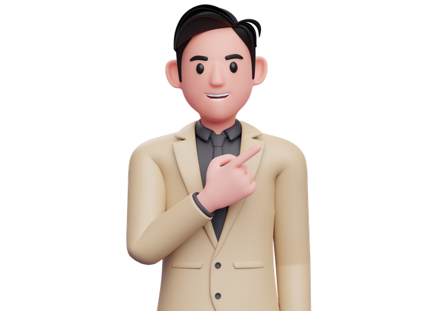 Businessman in brown suit pointing to the top right  3D Illustration