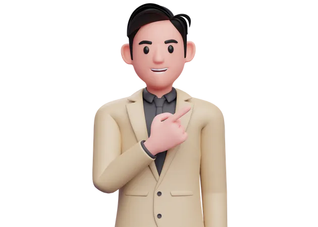 Businessman in brown suit pointing to the top right  3D Illustration