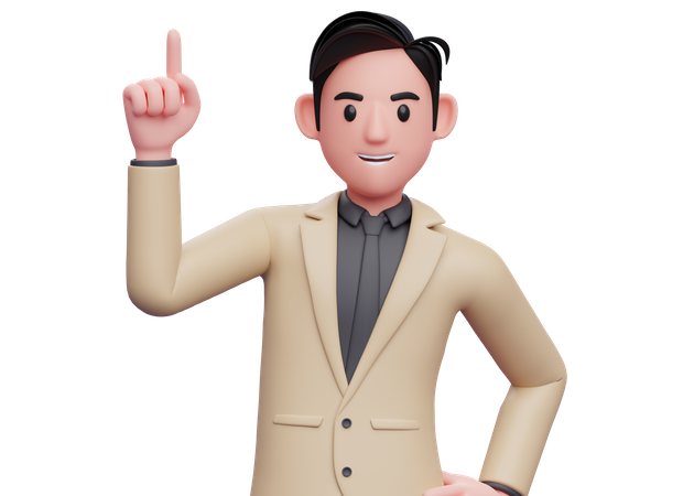 Businessman in brown suit pointing up with index finger  3D Illustration