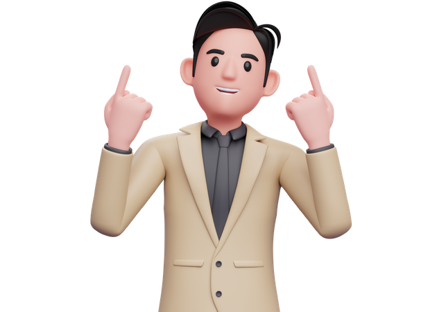 Businessman in brown suit raises both index fingers and looks up  3D Illustration