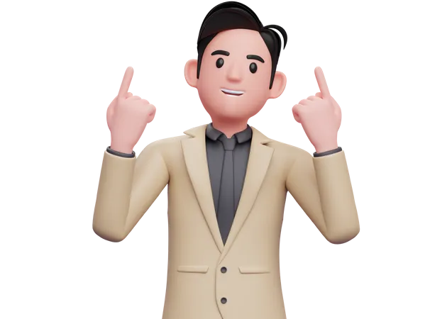 Businessman in brown suit raises both index fingers and looks up  3D Illustration