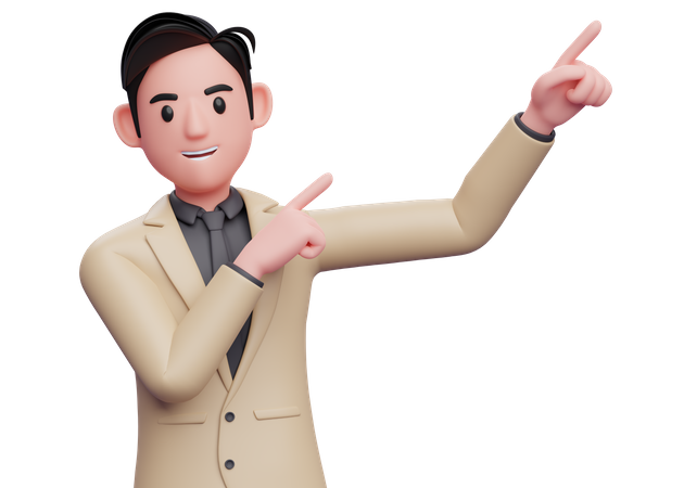 Businessman in formal brown suit raising both hands pointing to the top right corner  3D Illustration