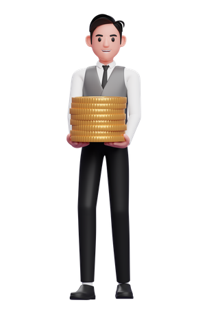 Businessman in grey vest carry piles of gold coins  3D Illustration