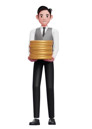 Businessman in grey vest carry piles of gold coins  3D Illustration