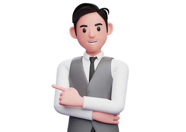 Businessman pointing to the left and hand crossed on chest  3D Illustration