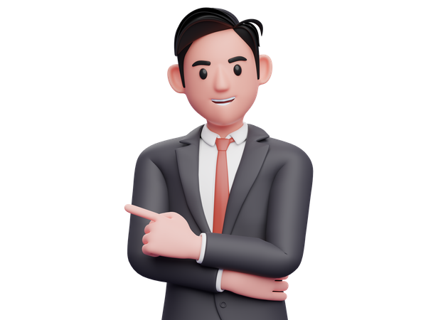 Businessman pointing to the left and hand crossed on waist  3D Illustration