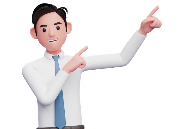 Businessman pointing to the top right corner with both finger  3D Illustration